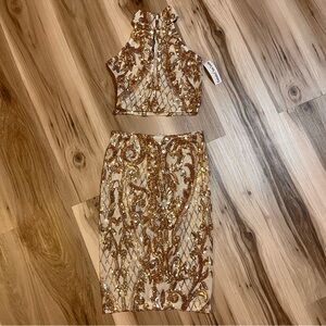 2 Piece Gold Sequin Sheer Halter Crop Top Pencil Midi Skirt Swiftie Fits Small S